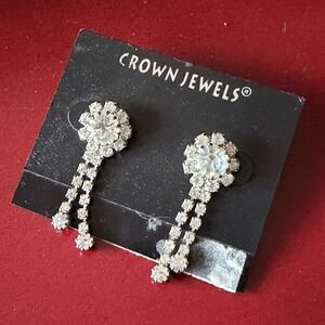 Vintage‎ Crown Jewels Rhinestone Drop Dangle Earrings Silver Tone Original Card